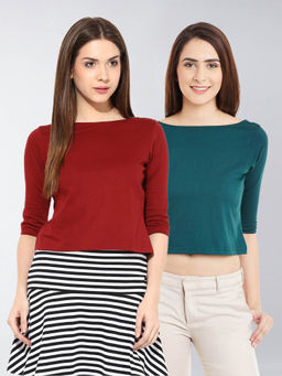 Miss Chase - Green & Maroon Boat Neck Elbow Sleeves Solid Oversized Cropped T-Shirt | Pack of 2