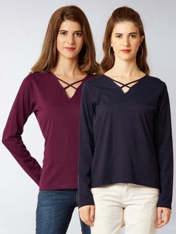 Miss Chase - Magenta & Navy Blue Full Sleeves Solid Basic Regular Length T-Shirt | Pack of 2