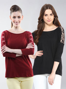 Miss Chase - Women's Black & Maroon Round Neck 3/4 Sleeves Paneled Pack of two Top