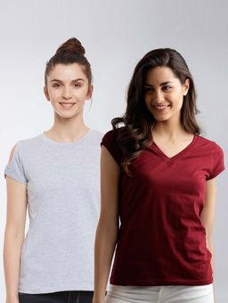 Miss Chase - Grey Cold Shoulder & Maroon Round Neck & V-Neck Short Sleeves T-Shirt | Pack of 2