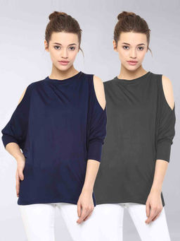 Miss Chase - Women's Grey & Navy Blue Round Neck 3/4 Sleeves Cut-Out Pack of two Top