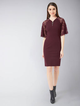 Miss Chase - Women's Wine Red Round Neck Flared Solid Knee Length Bodycon Dress