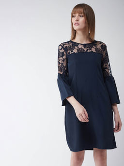 Miss Chase - Navy Blue Round Neck Bell Sleeves Solid Knee-Long Gathered Paneled Lace Shift Dress