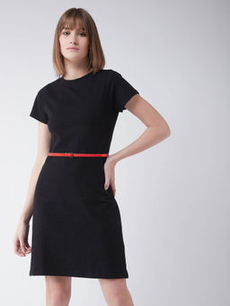 Miss Chase - Black Cotton Round Neck Short Sleeves Solid Mini Shift Belted T-Shirt Dress