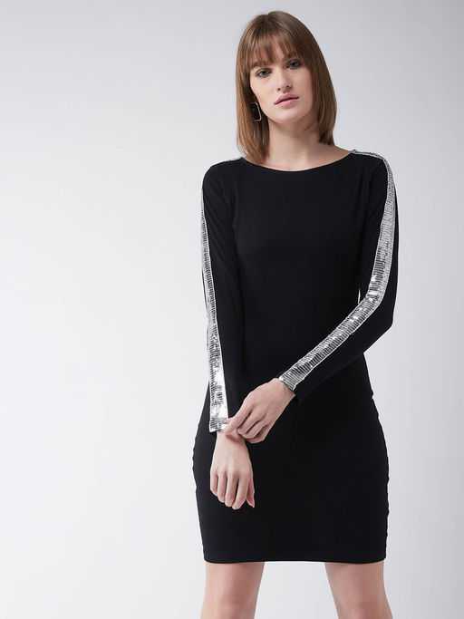 basic black jersey long sleeve bodycon dress Vintage 1990s Callaghan Black Jersey Knit Long Sleeve Bodycon Dress, Medium