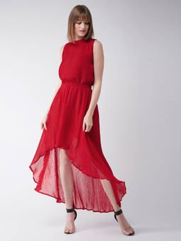 Miss Chase - Red Round Neck Sleeveless Relaxed Fit High Low Asymmetric Dress