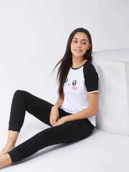 Miss Chase - Comfortable White and Black Top & Capri Sleep Loungewear Set with Pockets