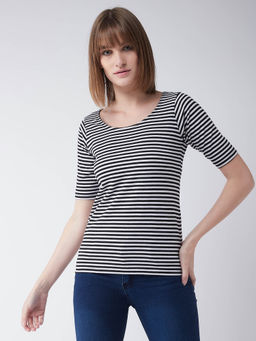 Miss Chase - Black & White Cotton Round Neck Short Sleeves Striped T-Shirt with Back Detailing