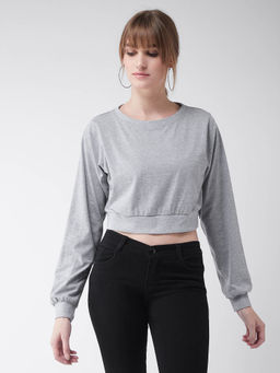 Miss Chase - Grey Round Neck Full Sleeves Solid Oversized Crop Top