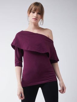 Miss Chase - Magenta One Shoulder 3/4 Sleeve Solid Layered Top