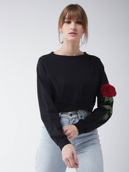 Miss Chase - Women's Black Round Neck Full Sleeve Embroidered Floral Patchwork Crop Top
