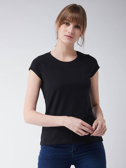 Miss Chase - Black Cotton Round Neck Short Sleeves Kniited Solid Basic Top