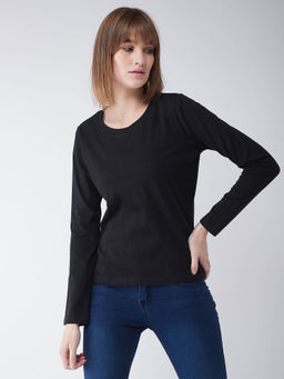 Miss Chase - Black Cotton Round Neck Full Sleeves Knitted Solid Basic Top