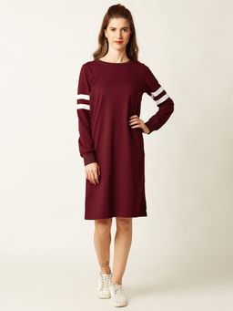Miss Chase - Women's Maroon Round Neck Full Sleeve Solid Knee-Long Paneled Shift Dress