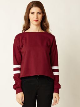 Miss Chase - Women's Maroon Round Neck Full Sleeve Solid Paneled Boxy Top