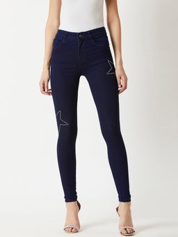 Miss Chase - Women's Navy Blue Skinny Fit Mid Rise Embellished Denim Stretchable Jeans