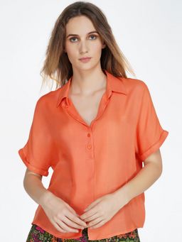 SHAYE - Orange Button Down Short Sleeves Regular Length Casual Shirt For Women