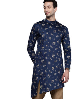 Manyavar - Blue Satin Blend Printed Kurta
