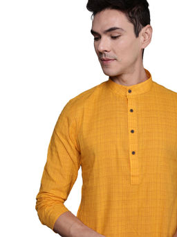 Manyavar - Yellow Cotton Blend Checks Kurta