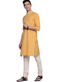 Manyavar - Yellow Cotton Blend Striped Kurta Only