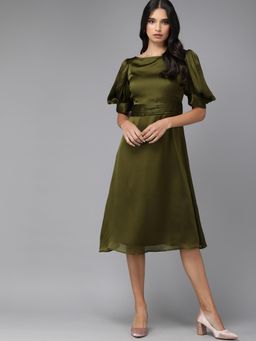 MISH - Olive Puff Style Calf Length Dress