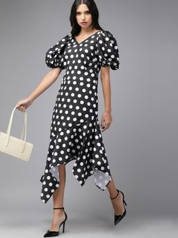 MISH - Black Polka Dot Asymmetric Midi Dress