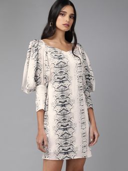 MISH - Off White Printed Balloon Sleeves Short Dress