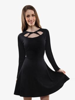 Miss Chase - Black Round Neck Full Sleeves Cut Out Criss Cross Mini Skater Dress