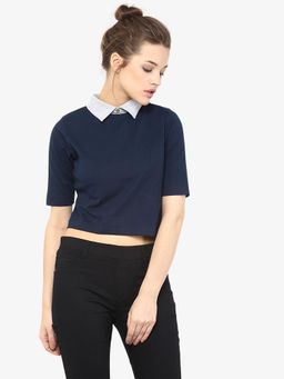 Miss Chase - Women's Navy Blue and Grey Collar Neck Half Sleeves Solid Boxy Crop Top