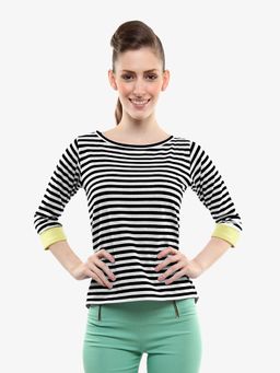 Miss Chase - Black and White Knitted Cotton Round Striped Top with Cuff Detailing