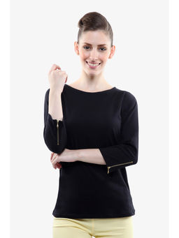 Miss Chase - Knitted Cotton Round Neck 3/4 Sleeve Zip Detailing Solid Basic Top