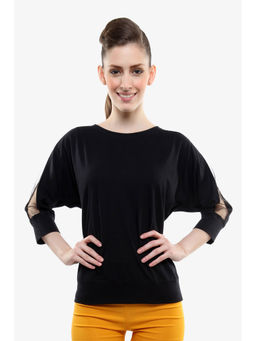 Miss Chase - Black Round Neck 3/4 Sleeves Solid Sheer Top