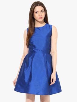 Miss Chase - Cobalt Blue Round Neck Sleeveless Solid Skater Dress