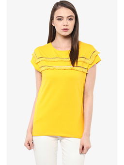Miss Chase - Yellow Relaxed Fit Continuous Sleeve Round Neck Solid Lace Panelled Fringe Top