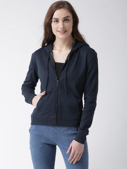 Miss Chase - Navy Blue Round Neck Full Sleeve Solid Hooded SweaT-Shirt