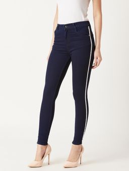 Miss Chase - Navy Blue Skinny Fit Regular Length Metal Tape Detailing Denim Stretchable Jeans