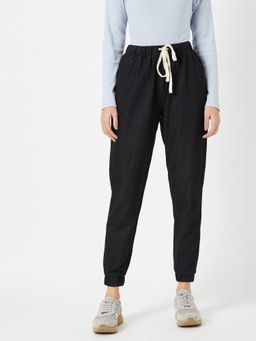 Miss Chase - Women's Black Mid Rise Regular Fit Light Weight Denim Joggers