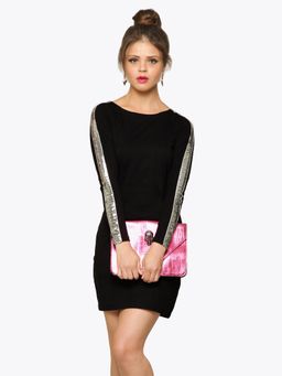 Miss Chase - Women's Black Round Neck Full Sleeves Bodycon Party Dress