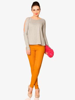 Miss Chase - Grey Knitted Cotton Round Neck Cut Out Full Sleeves Top