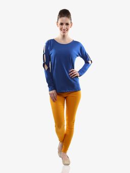 Miss Chase - Cobalt Blue Round Neck Cut Out Full Sleeves Top