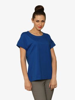 Miss Chase - Blue Round Neck Short Sleeves Basic Solid Top