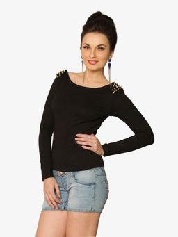 Miss Chase - Black Boat Neck Full Sleeves Studded Top