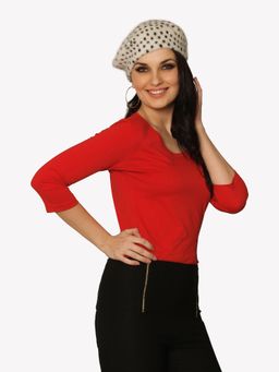 Miss Chase - Red Round Neck 3/4 Sleeves Solid Basic Top