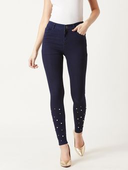 Miss Chase - Navy Blue Skinny Fit Regular Length Pearl Embellished Denim Stretchable Jeans
