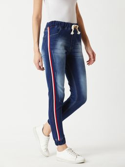 Miss Chase - Navy Blue Relaxed Fit Multicoloured Denim Stretchable Jogger Pants