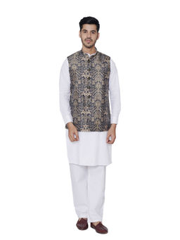 Manyavar - Navy Blue Printed Nehru Jacket