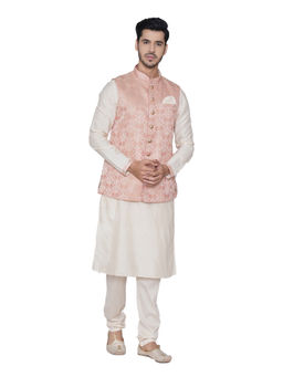 Manyavar - Pink Embroidered Kurta Jacket with Churidar (Set of 3)