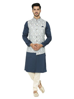 Manyavar - Navy Blue Printed Kurta Jacket with Churidar (Set of 3)