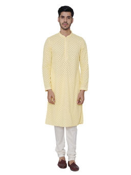 Manyavar - Yellow Woven Kurta with Pencil Pajama (Set of 2)
