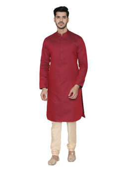 Manyavar - Maroon Woven Kurta with Pencil Pajama (Set of 2)